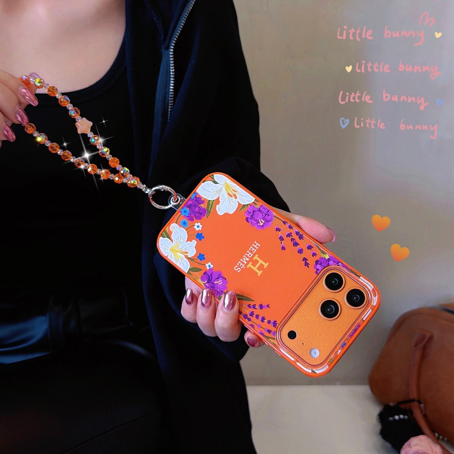 Hermès Orange iPhone Case - Floral Swarovski Luxury