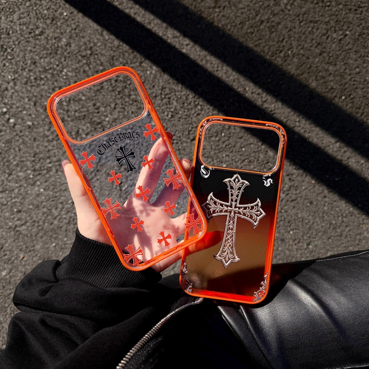 Black Cross Heart iPhone Case - Orange Background