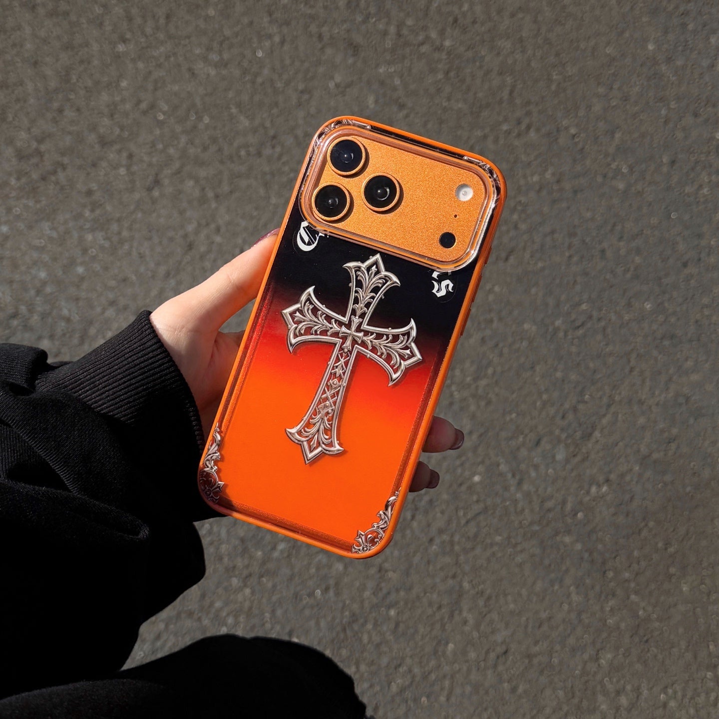 Black Cross Heart iPhone Case - Orange Background