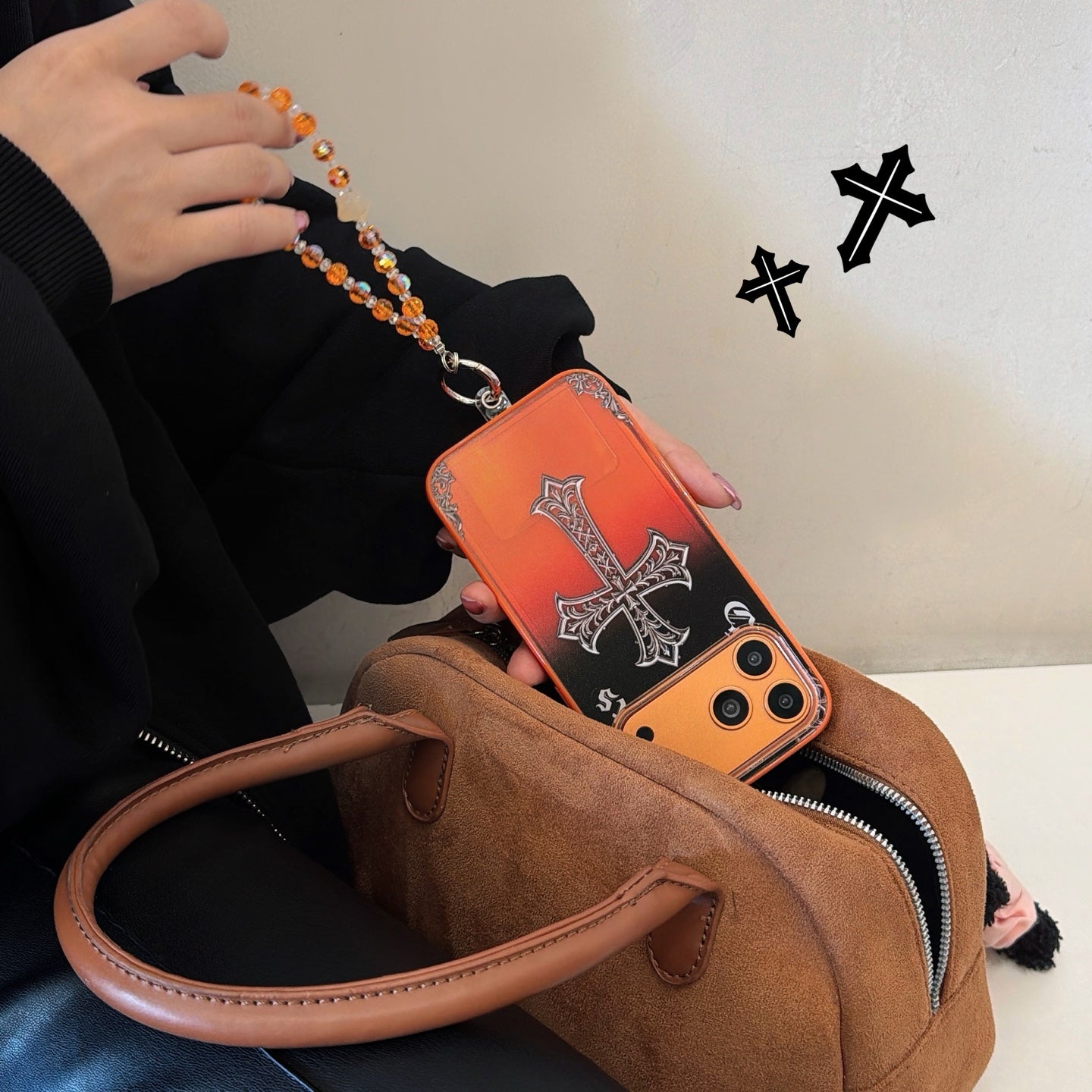 Black Cross Heart iPhone Case - Orange Background