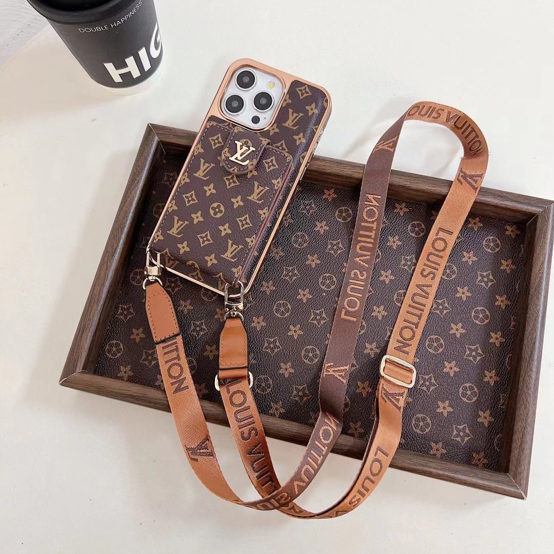 Brown Monogram Crossbody Wallet Case for iPhone 12-16 Pro Max