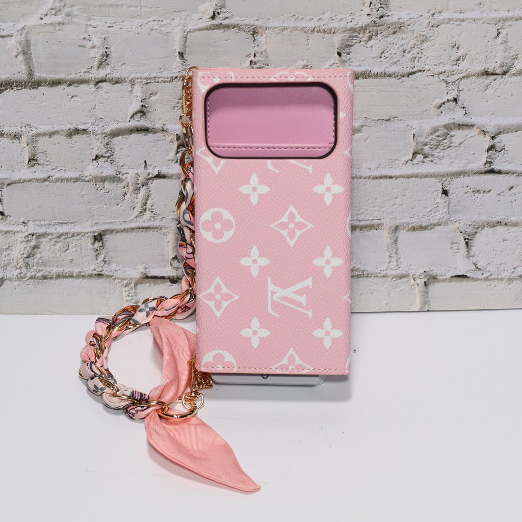 Pink Monogram Crossbody Wallet Case With Chain Hand Holder For iPhone 17 Pro Max