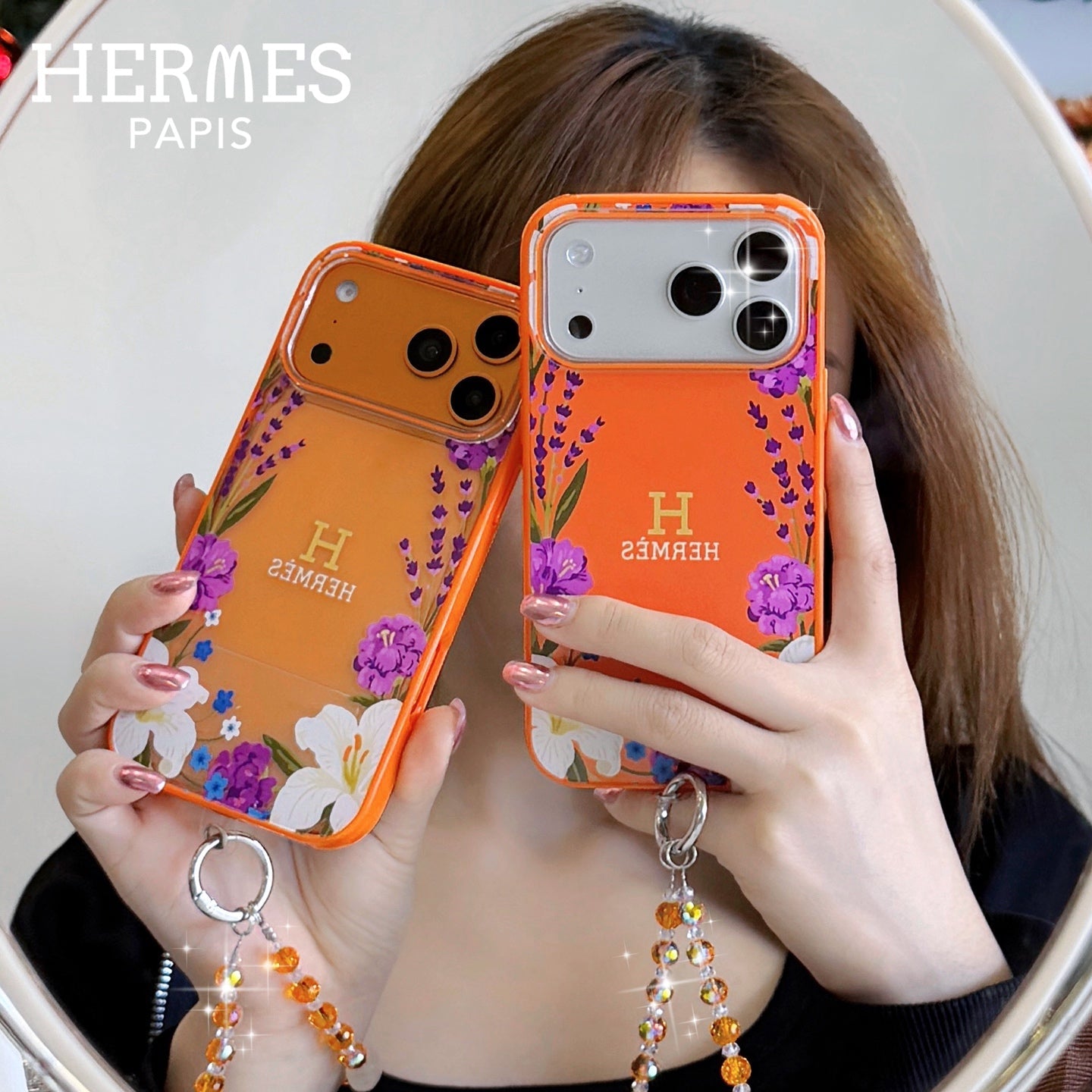 Hermès Orange iPhone Case - Floral Swarovski Luxury
