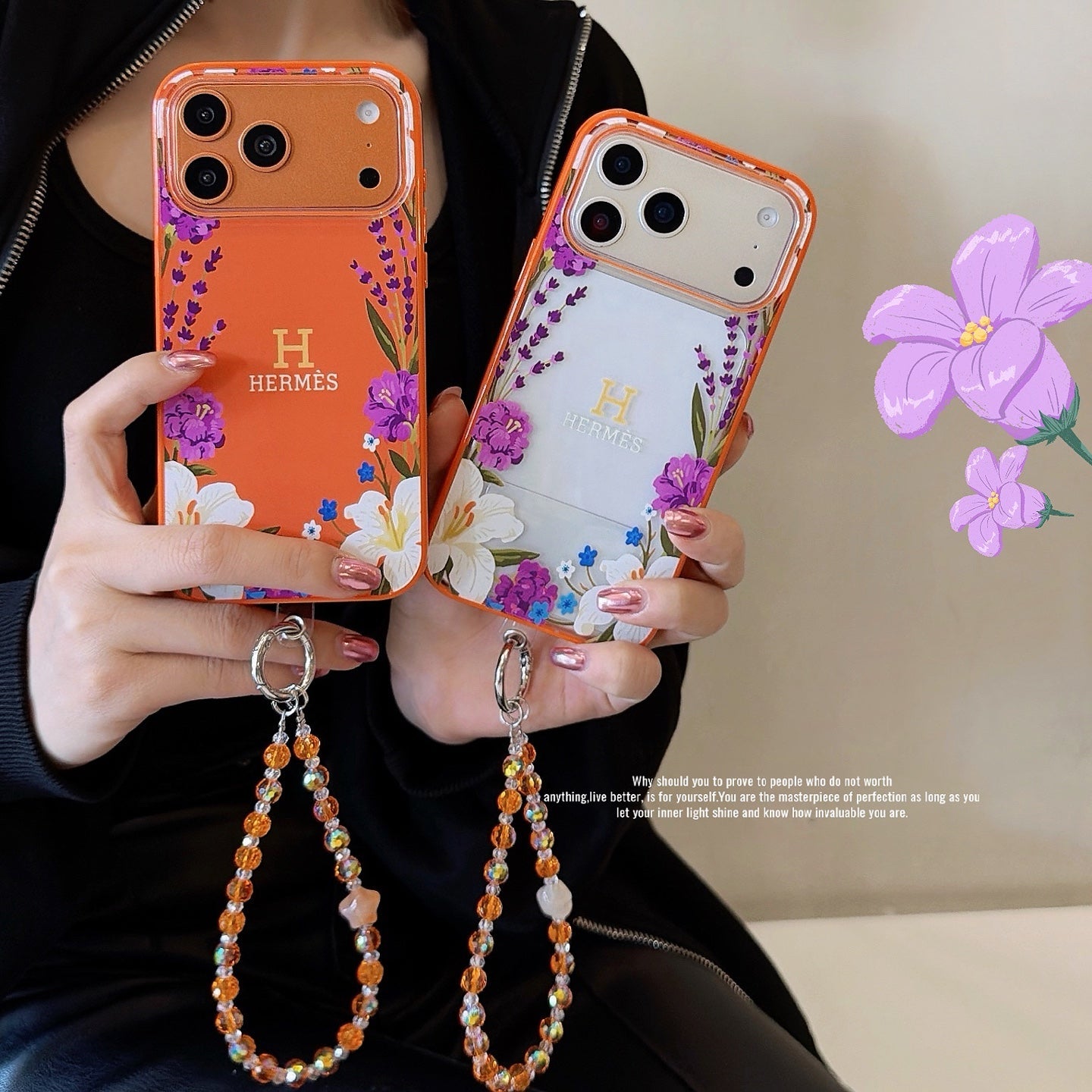 Hermès Orange iPhone Case - Floral Swarovski Luxury