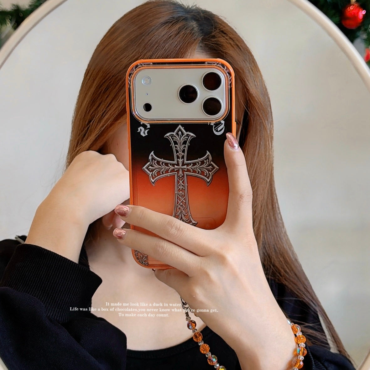 Black Cross Heart iPhone Case - Orange Background