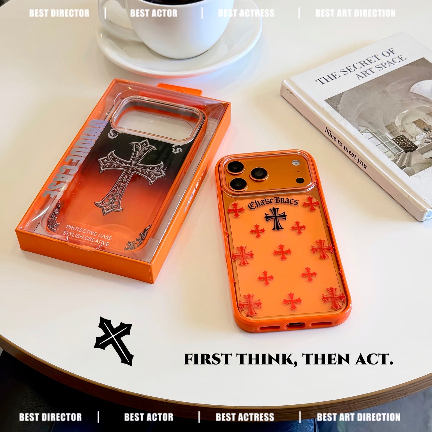 Black Cross Heart iPhone Case - Orange Background