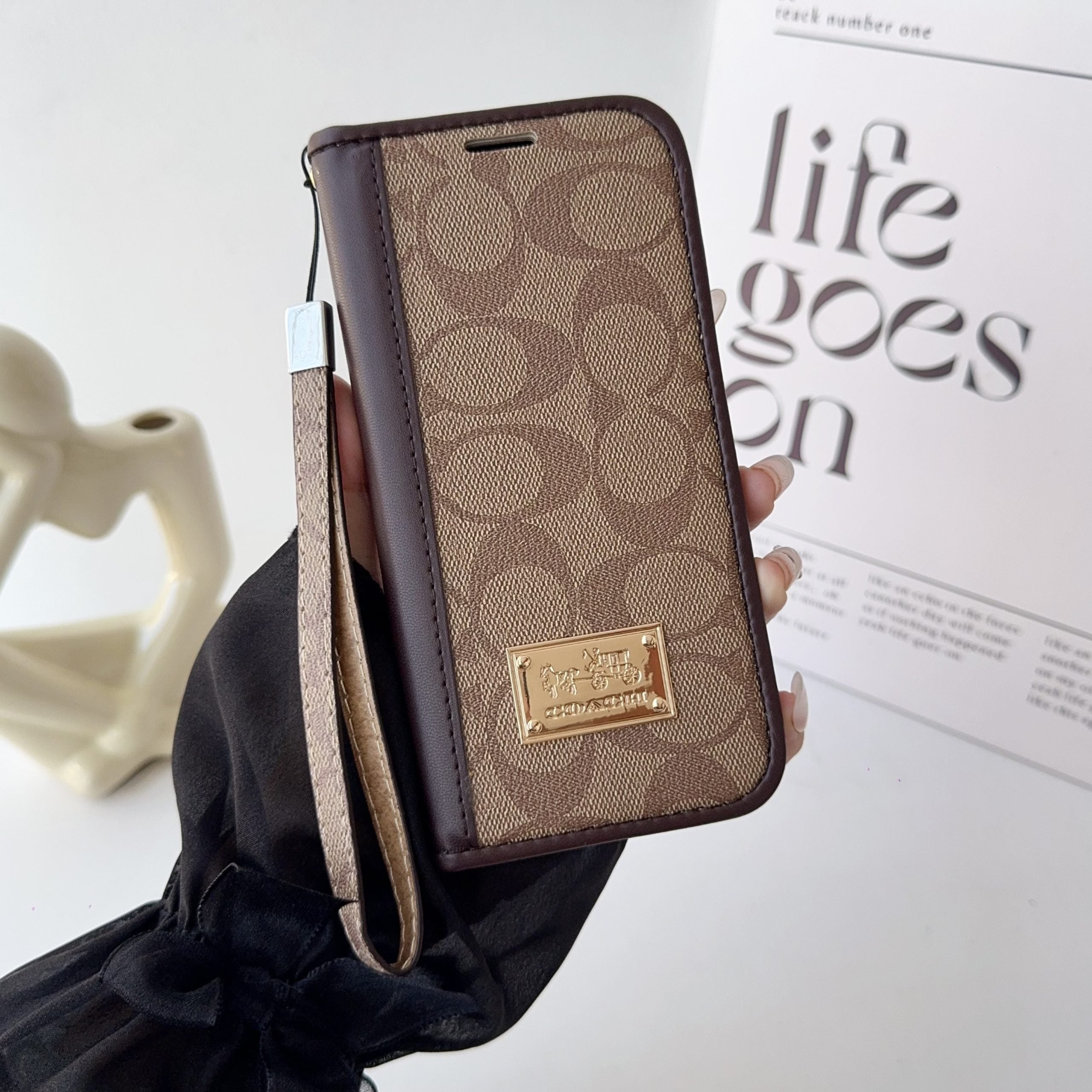 Coach Holster Wallet Case With Magnetic Closure & Hand Strap For iPhone 12-17 Pro Max