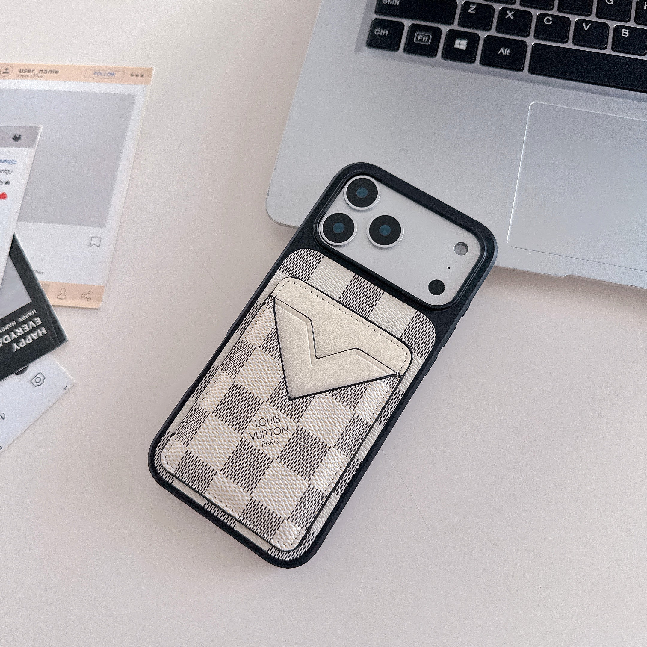 White Checkered Leather Wallet Case with V-Pocket Card Slot for iPhone 16-17 Pro Max