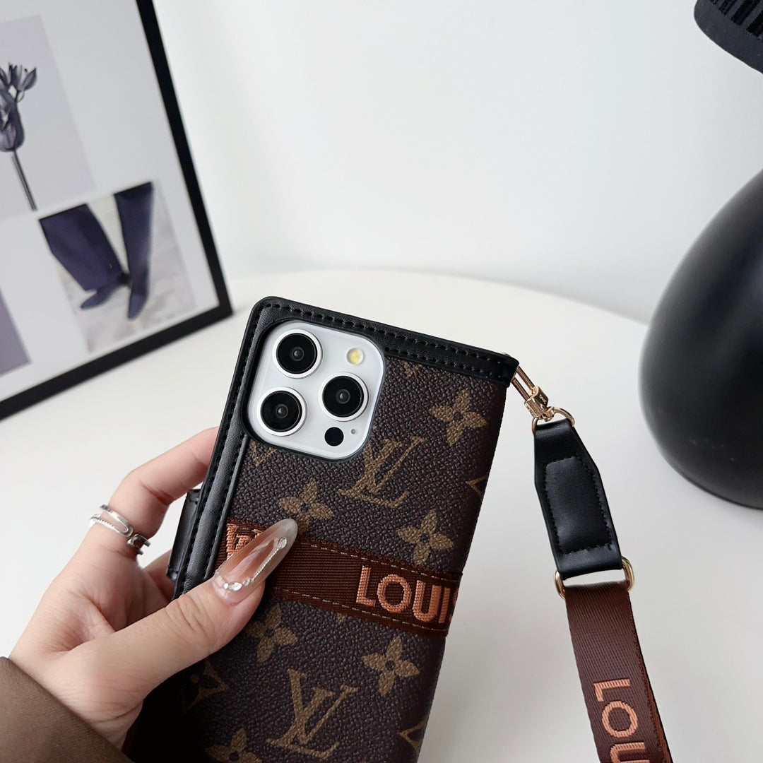 LV Crossbody Wallet Phone Case for iPhone 12-16 Pro Max Plus Black Checkered