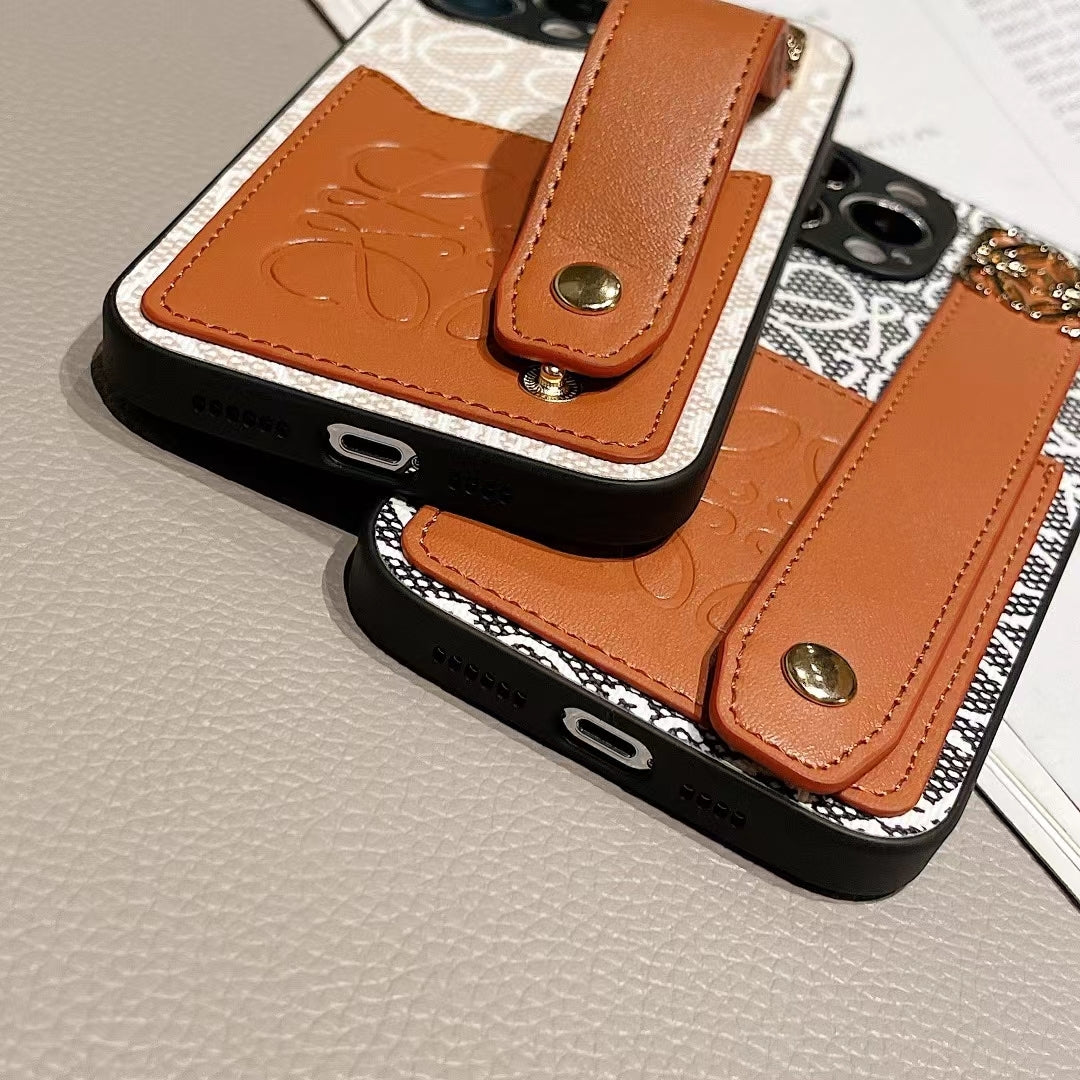 Designer TPU Phone Case With Card Holder & Hand Strap For iPhone 12-14 Pro Max