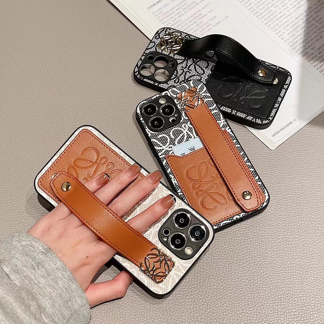 Designer TPU Phone Case With Card Holder & Hand Strap For iPhone 12-14 Pro Max