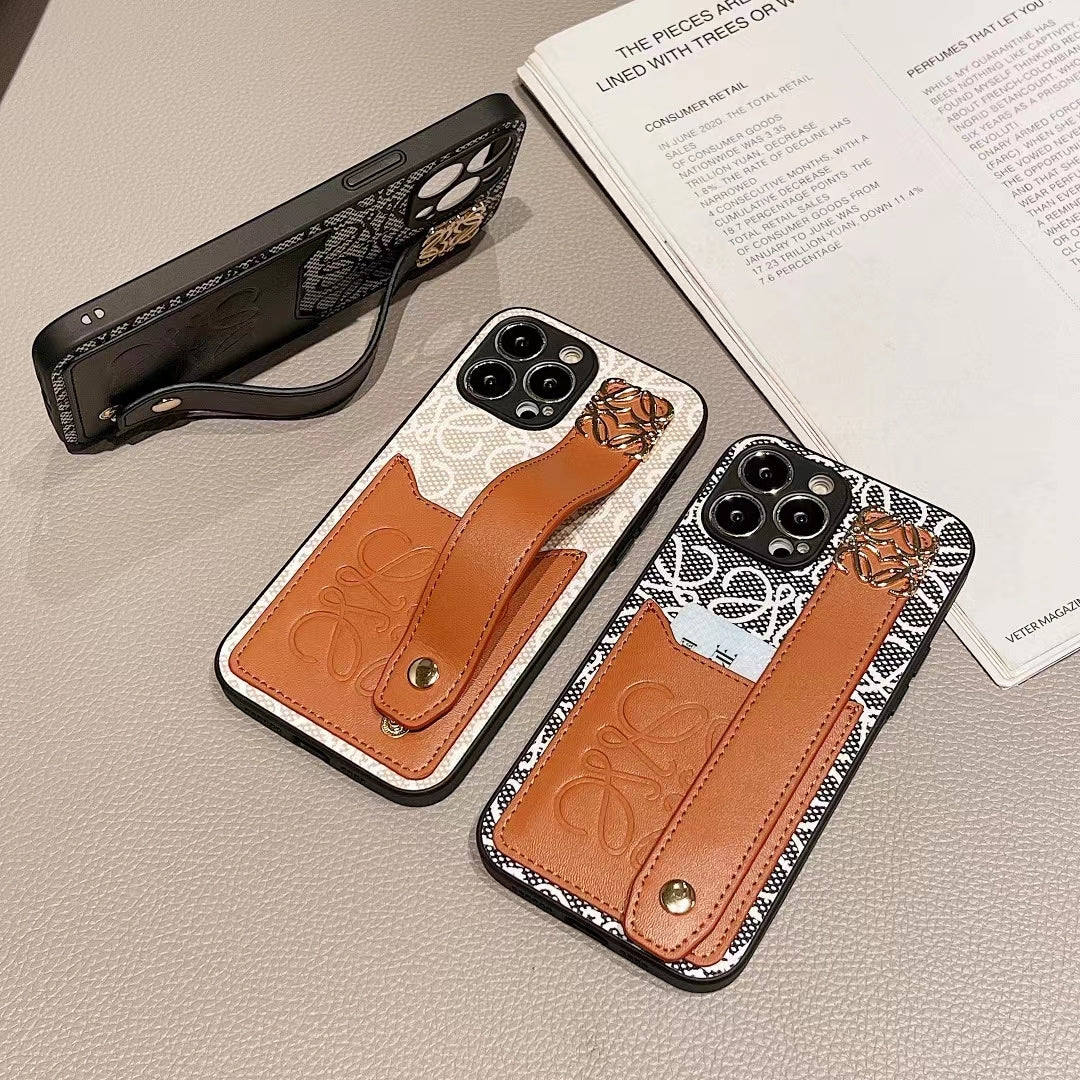 Designer TPU Phone Case With Card Holder & Hand Strap For iPhone 12-14 Pro Max