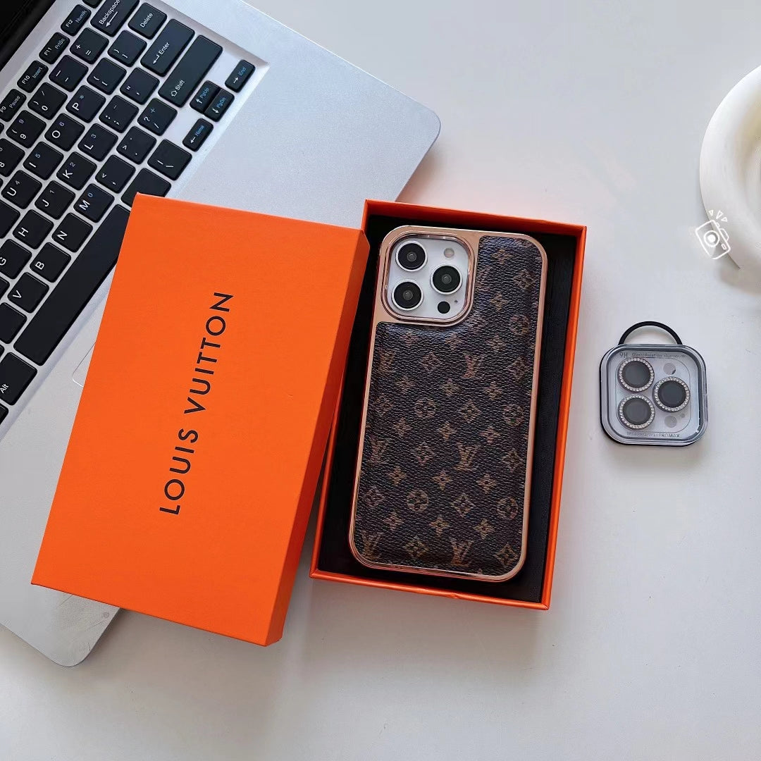 Louis Vuitton Style Leather Rhinestone Lens Case For iPhone 12-15 Pro Max