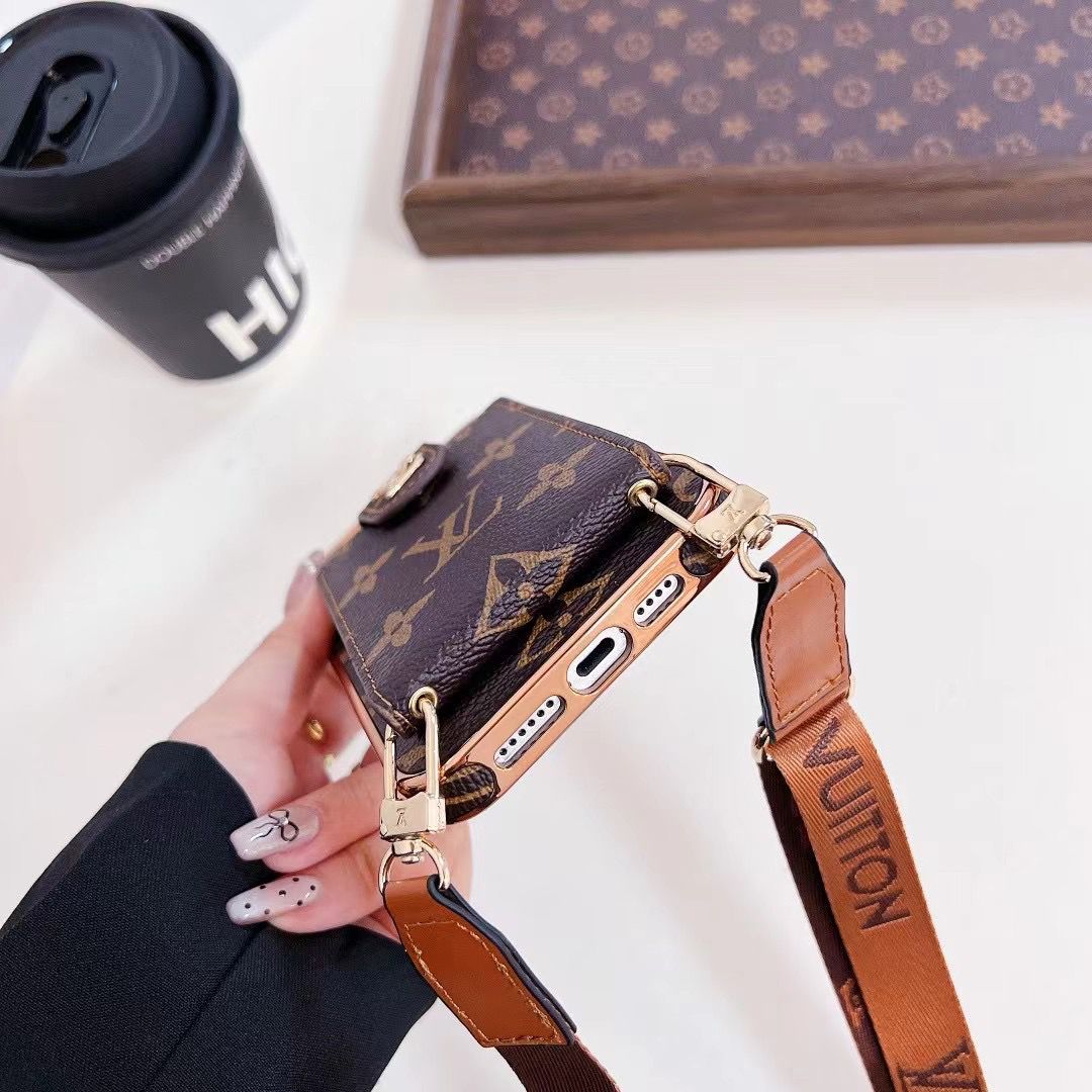 Brown Monogram Crossbody Wallet Case for iPhone 12-16 Pro Max