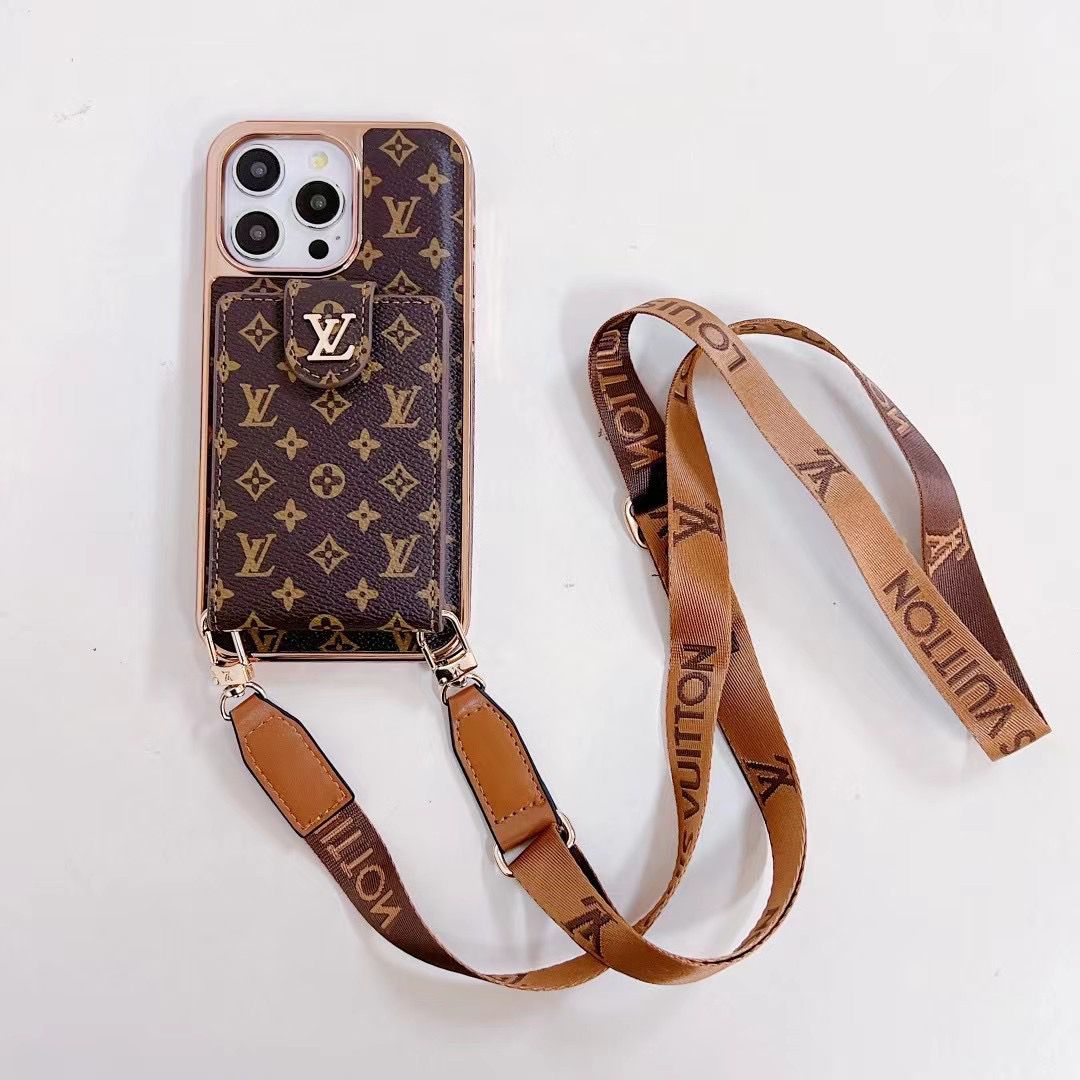Brown Monogram Crossbody Wallet Case for iPhone 12-16 Pro Max