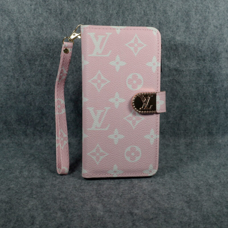 Pink Monogram Leather Wallet Case With Kickstand For iPhone 12-16 Pro Max