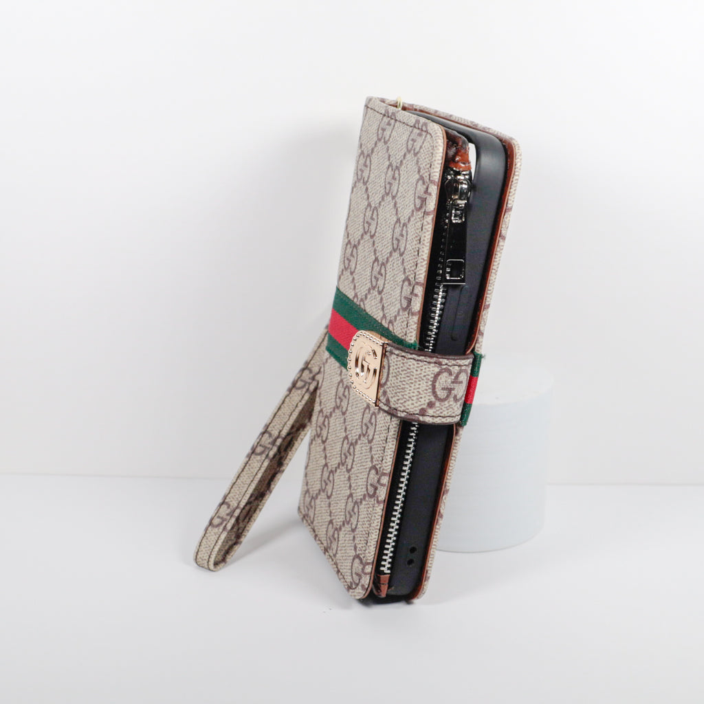 Beige Gucci Wallet Phone Case With Zipper & Kickstand For iPhone 12-16 Pro Max