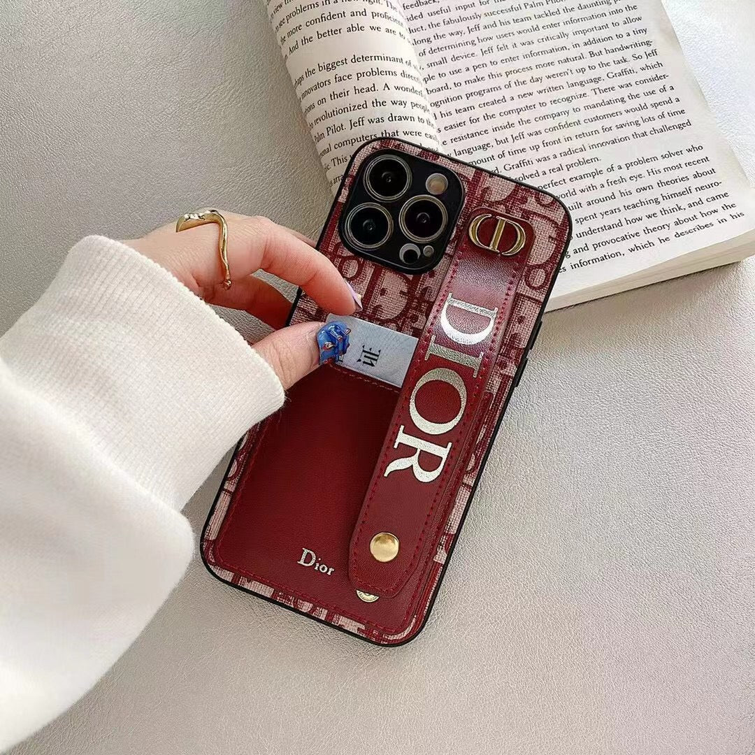 Dior Phone Case With Card Holder & Adjustable Wristband For iPhone 11-14 Pro Max