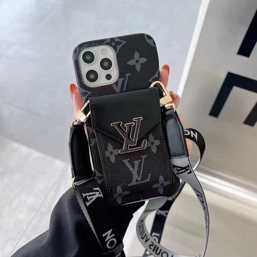 Louis Vuitton Style Crossbody Phone Case with Card Slots Black Checkered