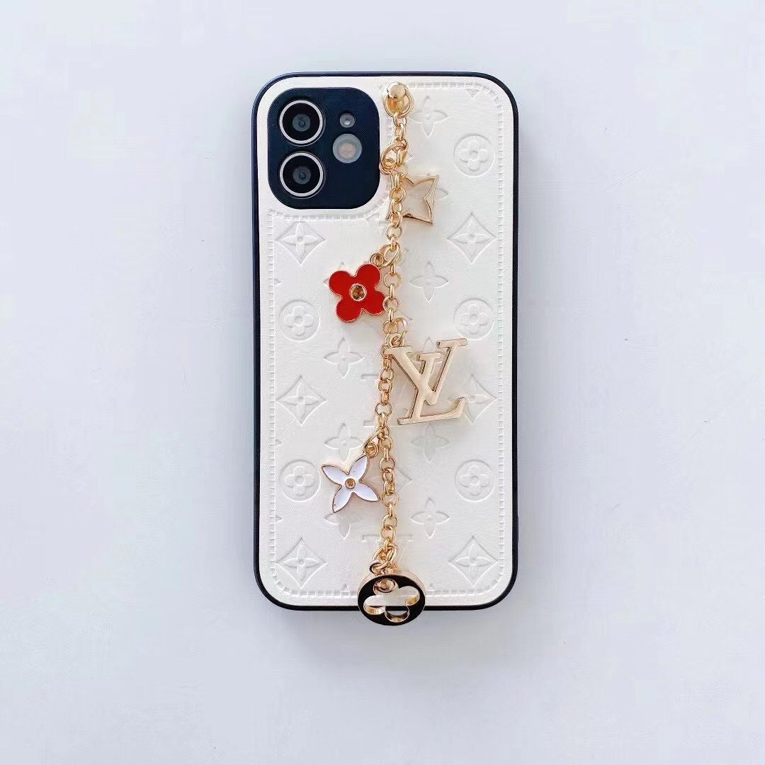 Luxury Leather Phone Case With Hand Chain & Flower Charms For iPhone 11-16 Pro Max